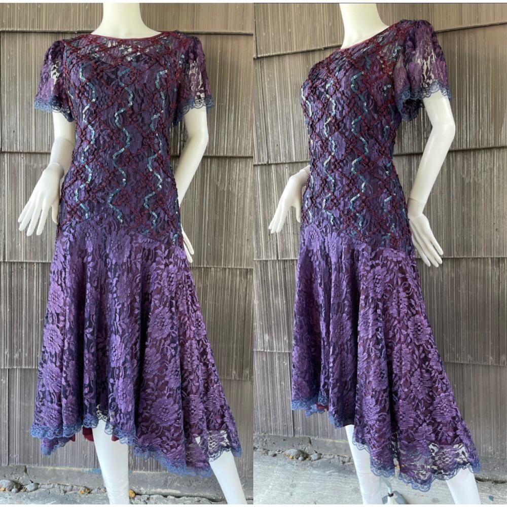 🔥Vintage HW Collection Sequins Applique Asymmetrical Lace Formal Gatsby Dress